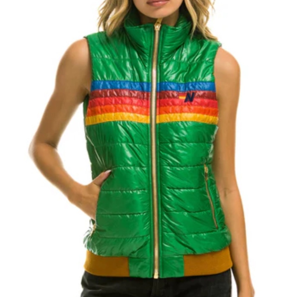 Aviator Nation Green Vest with Rainbow Accents